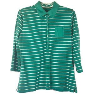 Green Cotton Knit Long Sleeve White Stripe Polo Shirt